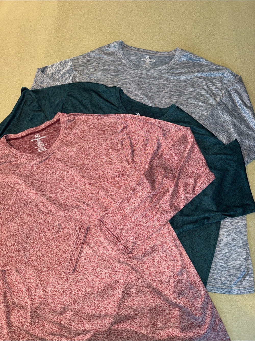 Real Essentials Everyday Heathered Long-Sleeve tops - Red, Green, Blue